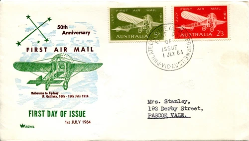 1964 50th Anniversary of the First Airmail in Australia - Royal FDC Green/Brown