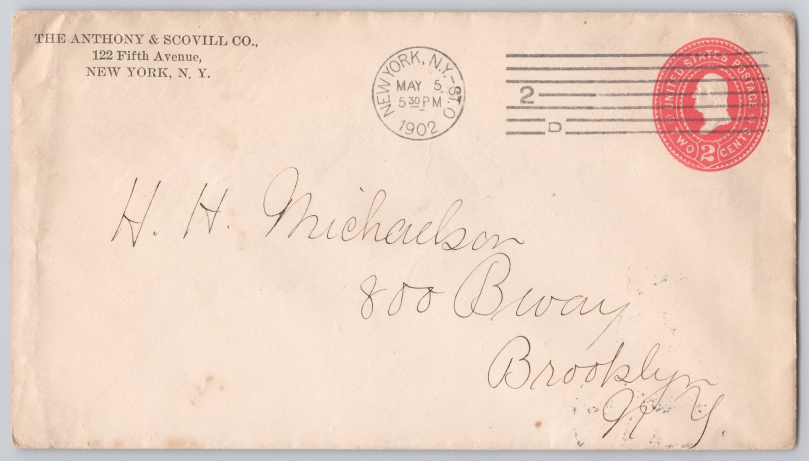 New York, NY Anthony & Scovill, 122 Fifth Ave envelope, Un 1902