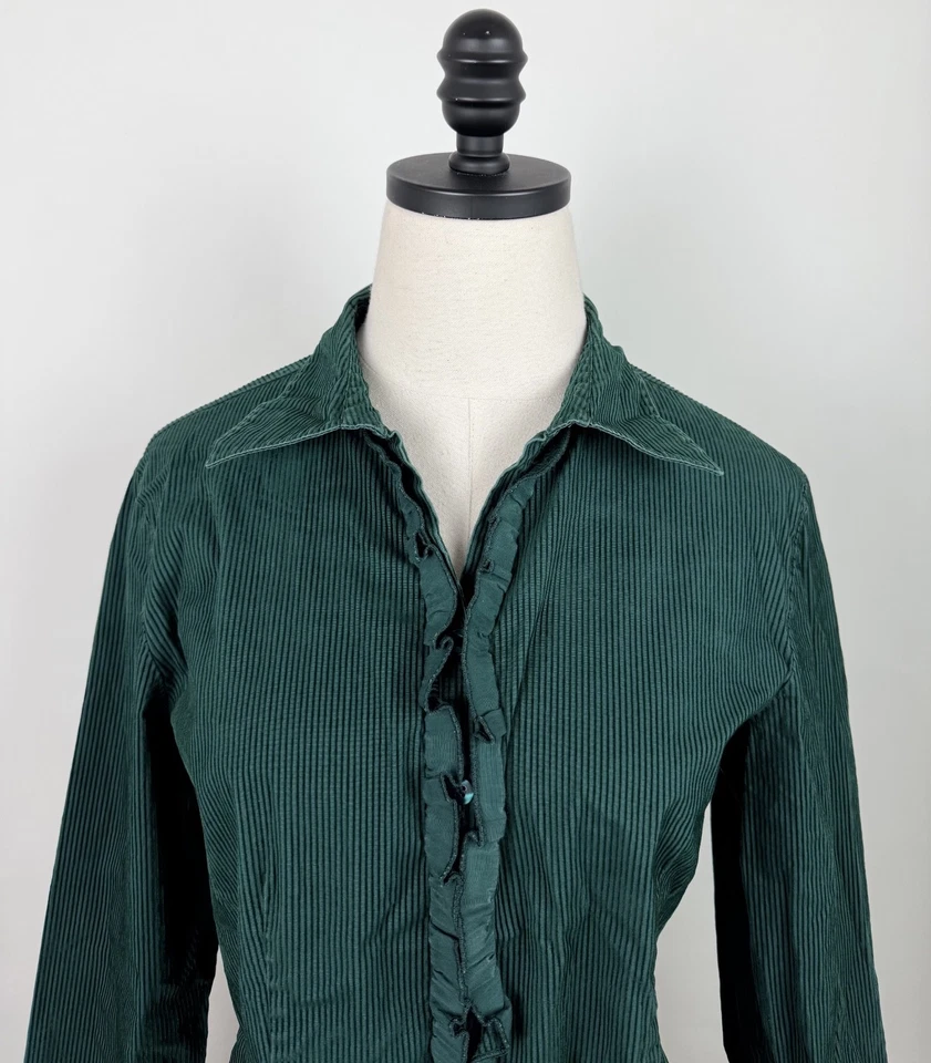 Vintage 90s Corduroy Blouse Womens Medium Forest Green Ruffled Stretch Bohemian - Image 2 of 4