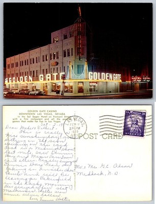 1962 Golden Gate Casino Hotel Las Vegas NV Night View Postcard