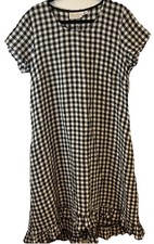 Goddess Gear Lagenlook Dress L Organic Linen Black Gingham Ruffle Hem USA Made