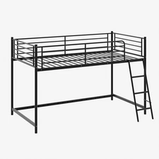 Low Loft Bed with Inclined Ladder, Metal Twin Size Bed Frame with 15” Guardrail