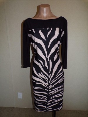 Joseph Ribkoff Black Beige Sheath Dress Size 12 Womens 3/4 Sleeve Boat Neck