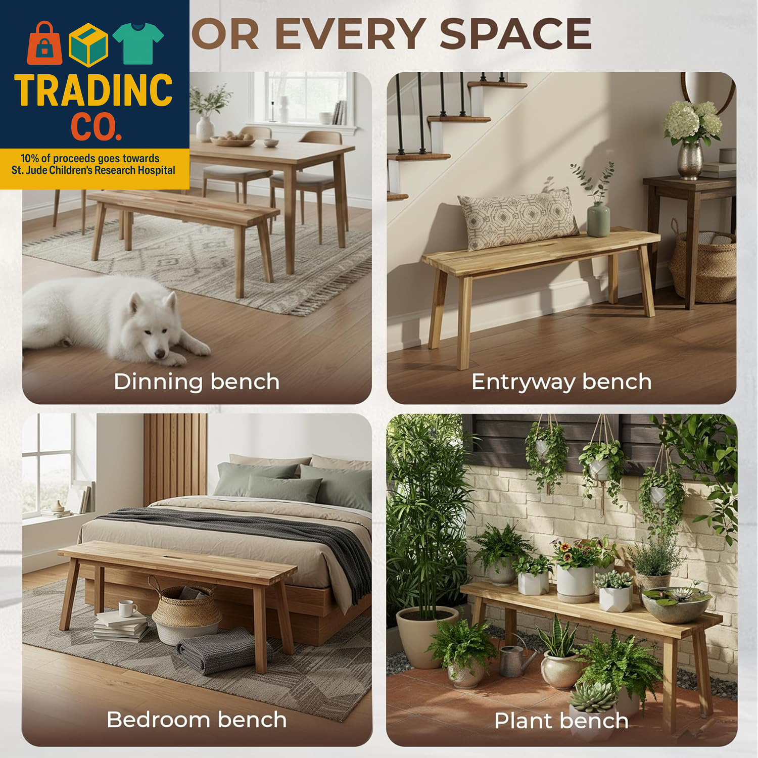 Solid Wood Bench for Entryway, Bed Bench, Dining, Plant Stand - Wooden Bench Ind