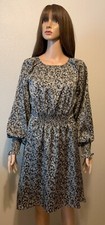 Halston Grey & Black Satin Sheen Crepe Long Sleeve Elastic Waist Dress Size SP