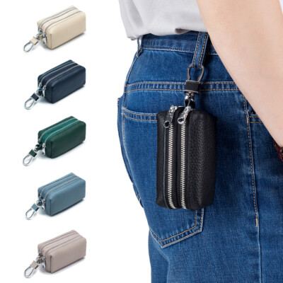 Men Women Genuine Leather Car Key Case Wallet Zip Purse Bag with Hook Pocket