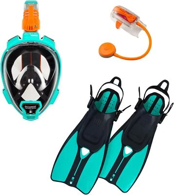 Ocean Reef Aria QR+, Duo II Travel Ready Mask/Fins Snorkie Set Snorkeling Teal