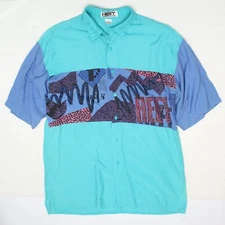 VTG 90s Heet Mens Camp Shirt L Rayon Nylon Teal Blue Geometric Print Button Up