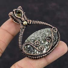 Golden Druzy Wire Wrapped Pendant Handcrafted Copper Ethnic Jewelry 2.56"