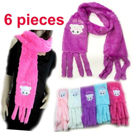 6 Lot Fuzzy Fluffy Plush Cozy Scarves for Girls - Faux Fur Wraps for Warm Winter - Picture 1 of 10