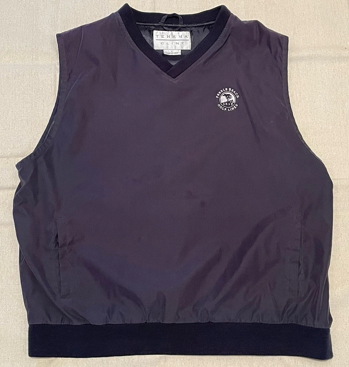 VTG Tehama Clint Pullover Vest Men’s L Blue Soft Windbreaker Pebble Beach Logo