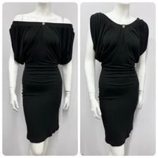 Roberto Cavalli Dress NWT Black Stretch Jersey Sexy Crystal Logo Size 38 XS