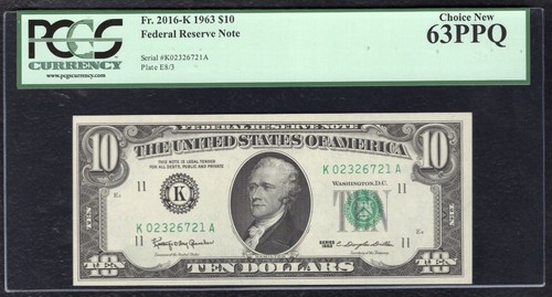FR. 2016-K 1963 $10 FRN FEDERAL RESERVE NOTE DALLAS, TX PCGS UNCIRCULATED-63PPQ