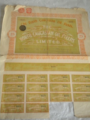 Vintage share certificate Stock Bonds action North Caucasian oil fields may 1920 - Picture 1 of 2