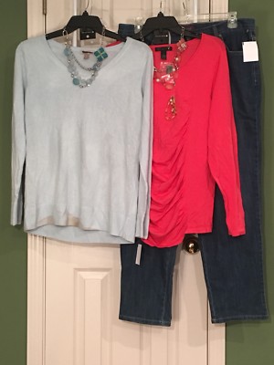 NEW 1X INC Intl & Roz & Ali Sweaters -Gloria Vanderbilt 16W Jeans Free Necklaces