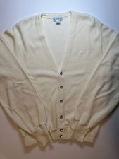 Vintage Izod Button Sweater Mens Large Cream White Acrylic Logo Made In USA