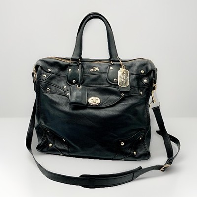 Coach Ryder 33 Satchel Black Leather Studded Carryall Crossbody Bag READ