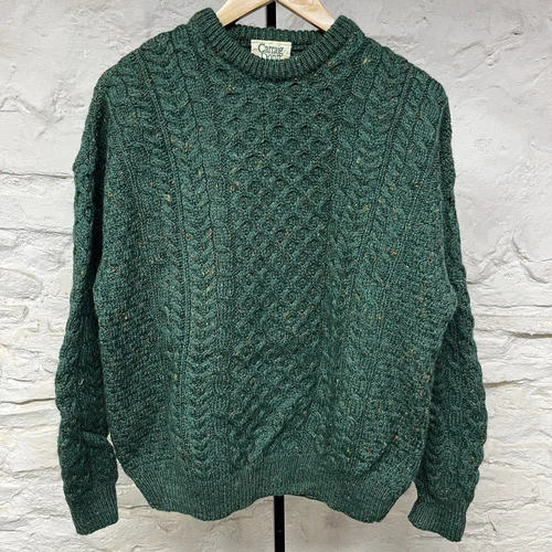 Carraig Donn Wool Sweater Cable Knit Fisherman Flecked Green Aran Ireland Vtg