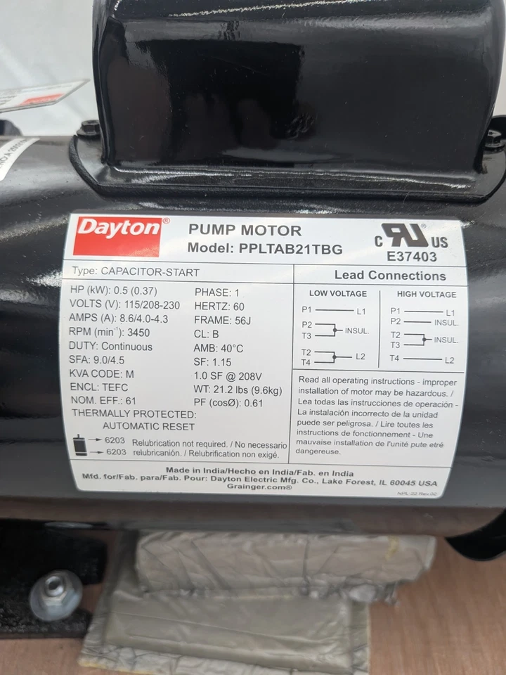 Dayton 5WXU5 1/2 HP Self-Priming Centrifugal Pump, 115/230V, 1-1/2" Inlet/Outlet - Image 3 of 4