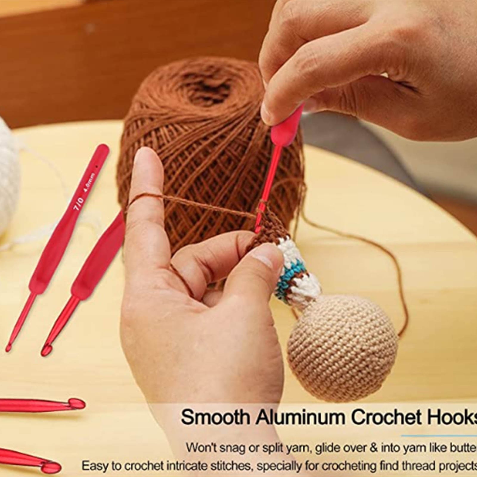 5pcs Red Crochet Hook Set Ergonomic Handle Aluminum Needles For Knitting For