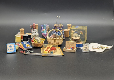 Lot VTG Artisan Miniature Dollhouse Sewing Items.Paperweight, Needleholder