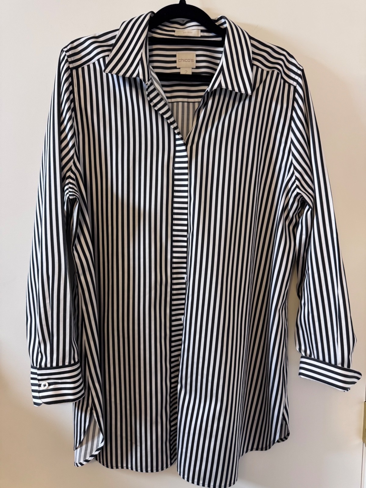 Chico's No Iron Black White Striped Button Front Shirt Womens Size 2