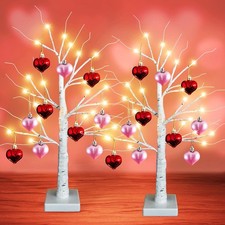 2 PCS 24 Inch Valentines Decor Lighted Birch Tree 10 Heart Ornaments 24 LED