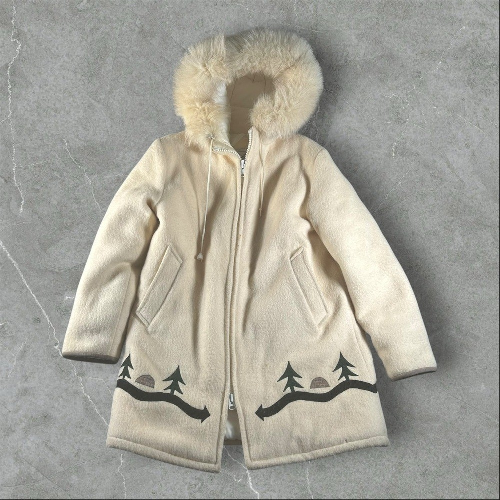 Vintage Hudson Bay Jacket Womens 12 Cream Wool Hooded Parka Christmas Pine  Tree