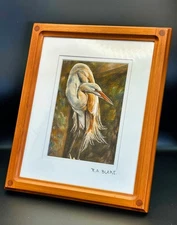R.A.Blake Original Signed Pastel Fine Art - Beautiful Great Egret in Teak Frame