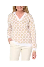 Isaac Mizrahi Live! Women's Clubhouse Geo Long Slv Polo Sweater Tan