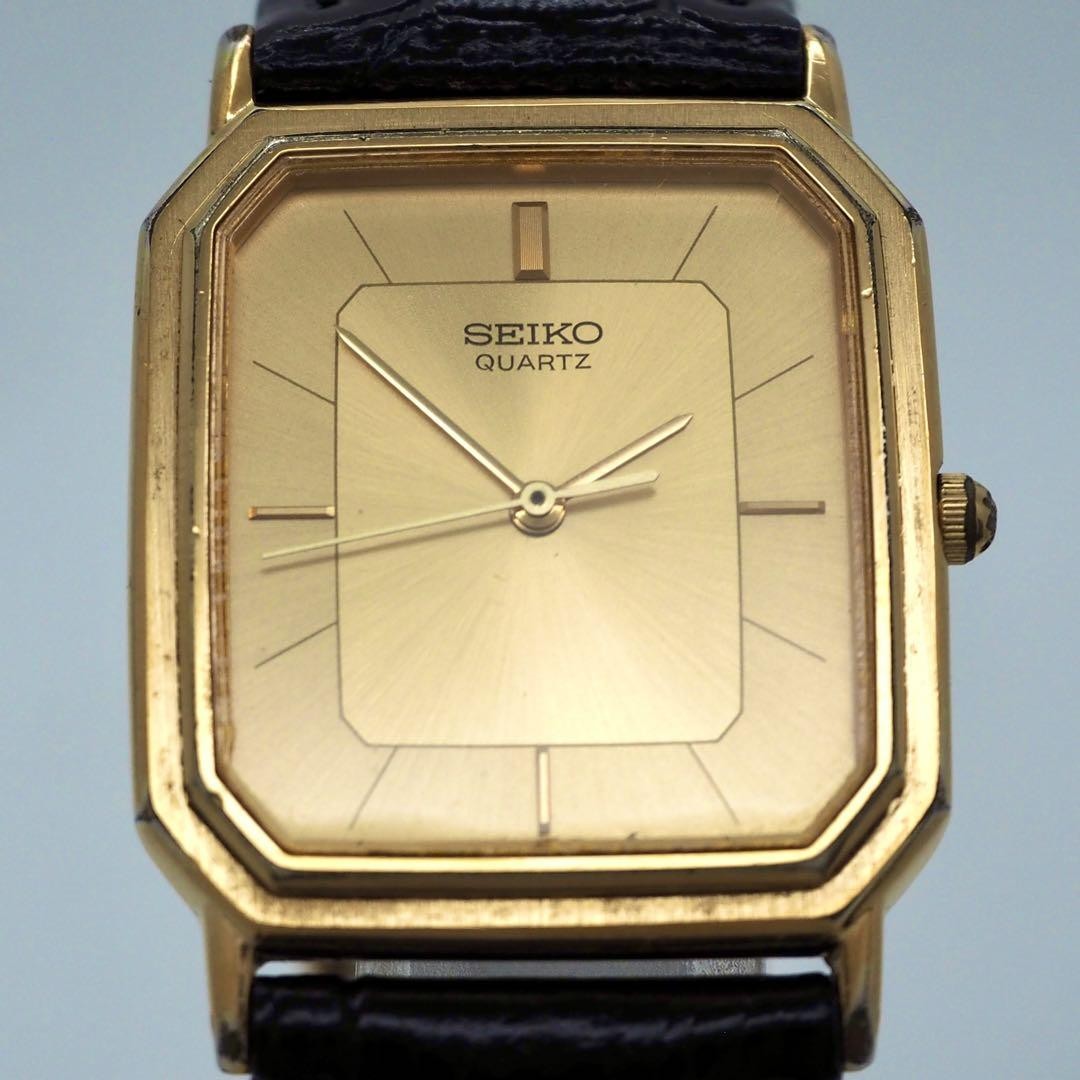 Seiko 9021-5250 Square Tank Gold Black Band Men Unisex