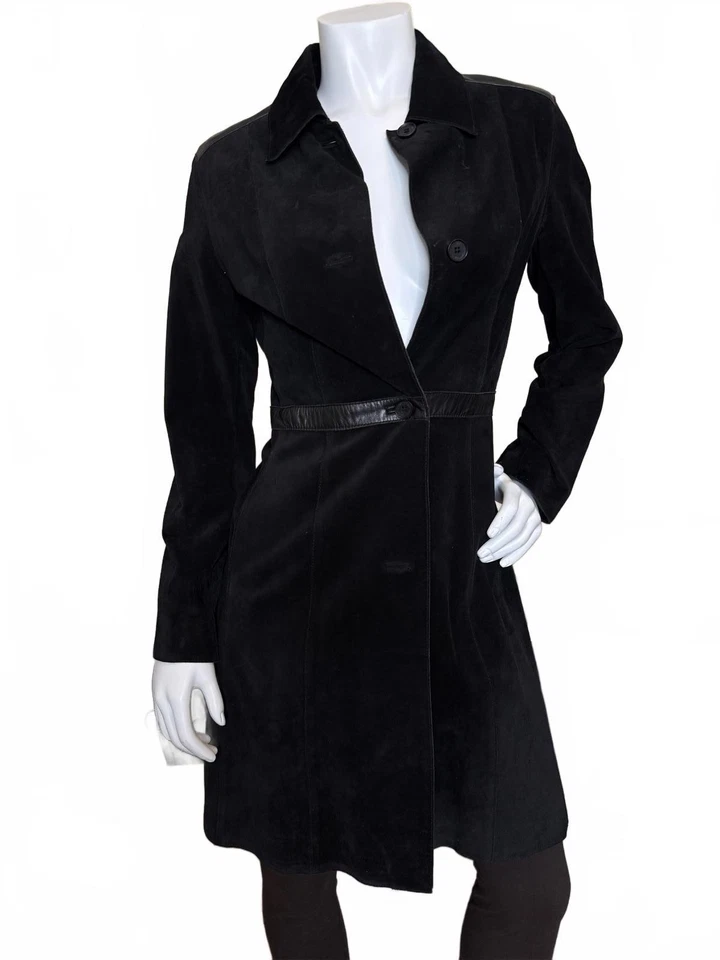 Casaco longo Andrew Marc New York camurça tamanho P – acabamento em couro preto - Imagem 2 de 4