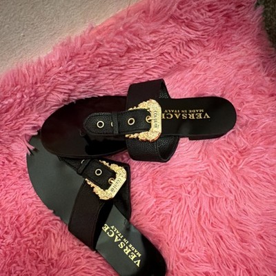 Versace Women s Black Leather Slide Sandals Buckle Logo EU 38 US 7