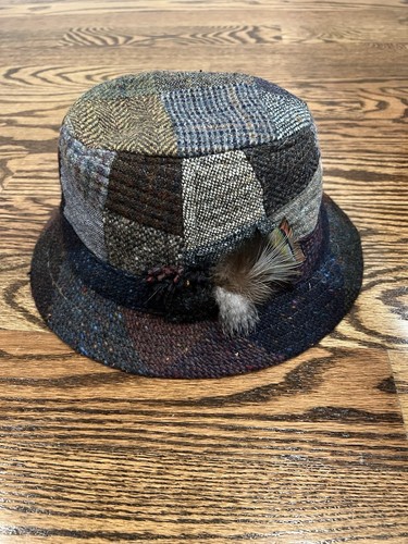 ORVIS Pure Wool Plaid Patchwork Bucket Fedora Feather Sz L Hat Ireland