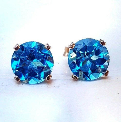 2.80ct Natural Swiss Blue Topaz 14K Yellow Solid Gold Stud Earrings Push Back - Picture 2 of 5