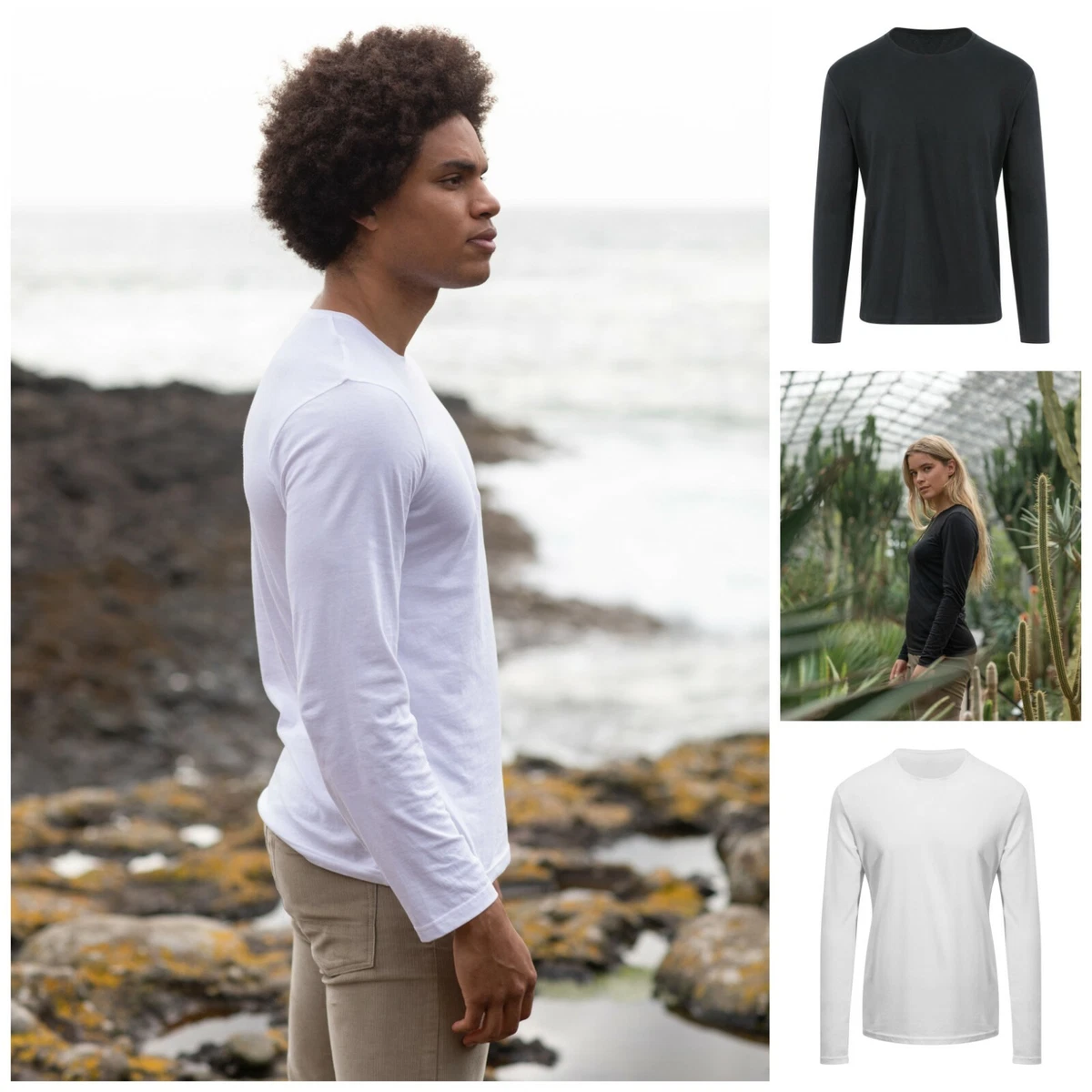 Mens Womens Ladies Organic Cotton Long Sleeve T-Shirt Top Tee Eco Soft Jersey