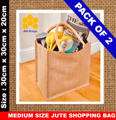 JMS BRIDGE 2x Jute Bags Medium Hessian Luxury Plain Tote Natural ShoppingEco Reusable Bags