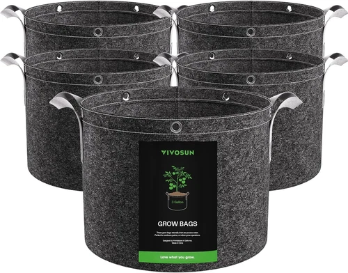 VIVOSUN 5-Pack 3/5/7/10/15/25 gallon Grow Bags,Nonwoven Fabric Black