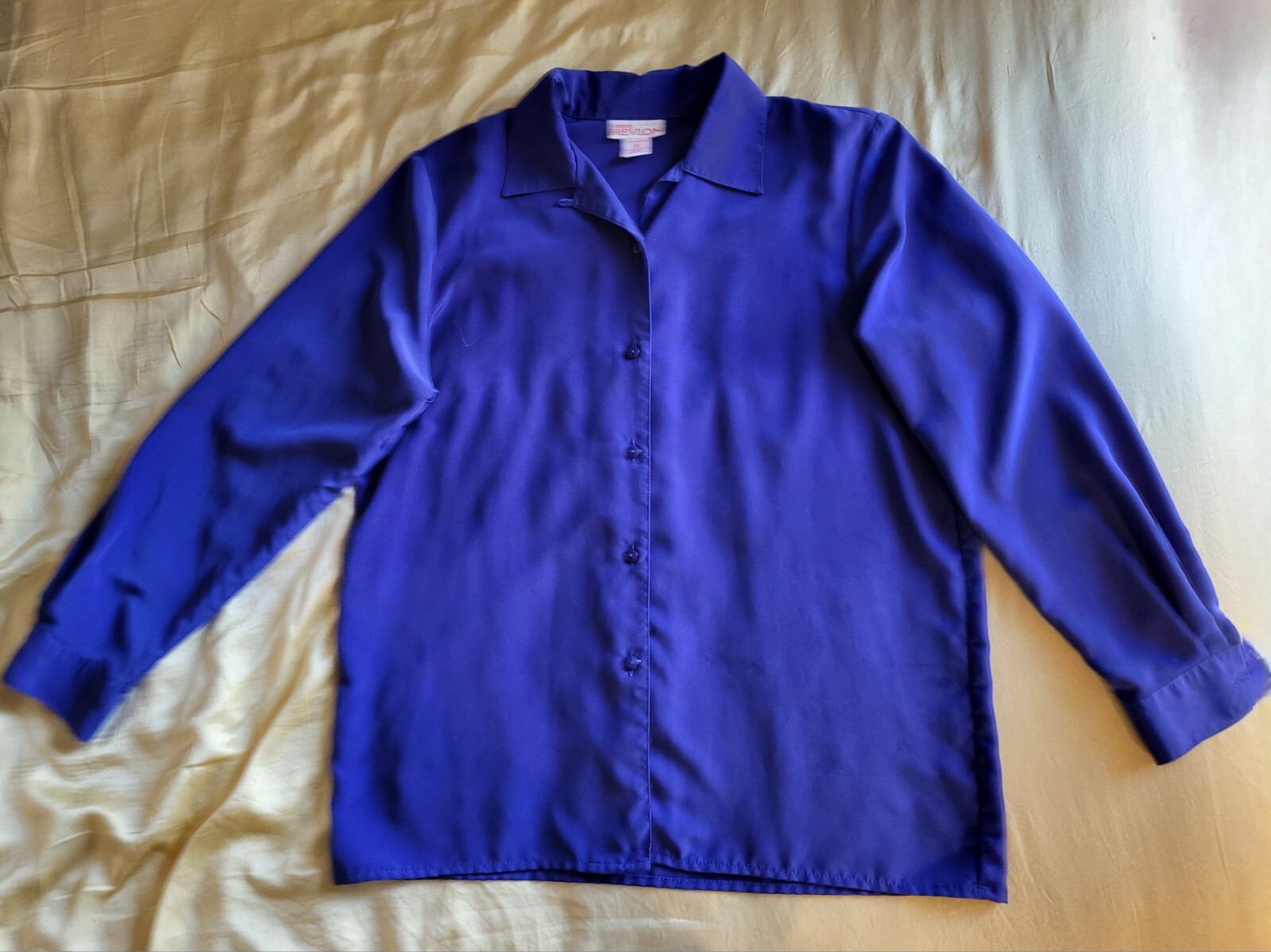 REVLON Blue Long Sleeve Silky Button Down Blouse-image