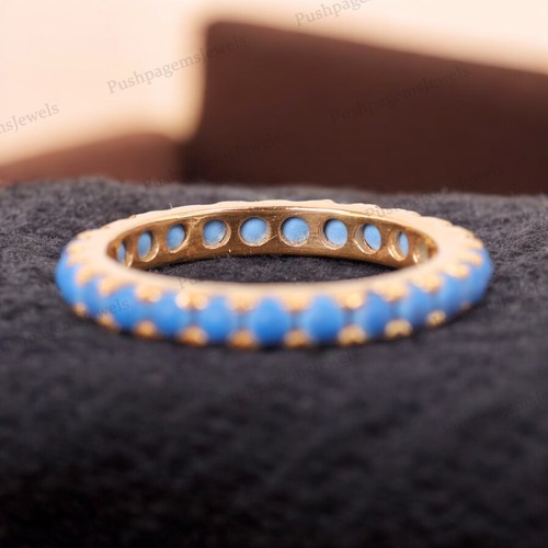925 Sterling Silver 2.5 mm Round Shape Natural Turquoise Band Full Eternity - Picture 2 of 6