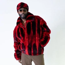 Men' Red Real Rex Rabbit Fur Coats Chinchilla Bomber Jackets Warm Thick Outcoat