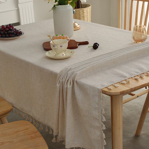 Vintage Cotton Linen Tablecloth Dining Table Cover with Tassel Farmhouse Decor - Picture 2 of 10
