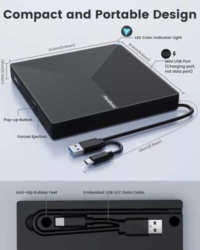 PeroBuno Externes CD DVD +/-RW Laufwerk USB 3.0 USB C Tragbarer CD/DVD Player Brenner - Bild 7 von 8