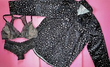Victoria's Secret unlined 36D BRA SET M panty L PJ SHIRT gray lace ANIMAL PRINT