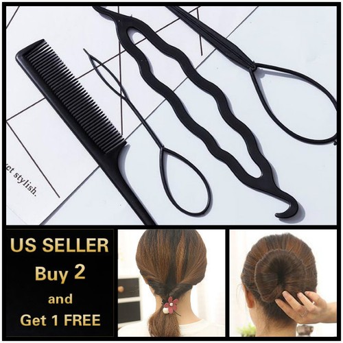 4Pcs Hair French Braid Topsy Tail Clip Styling Stick DIY Bun Maker Tool - Picture 1 of 4