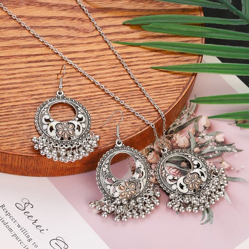 Bohemian Silver Color Beads Tassel Drop Earrings Necklace Set For Women Jewelry - Picture 2 of 10