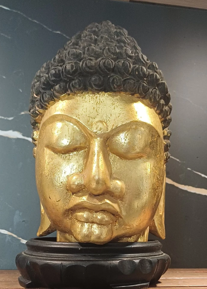 Ancienne Tête de Bouddha en bois sculpté doré Bouddha de temple Asie - Photo 2/4