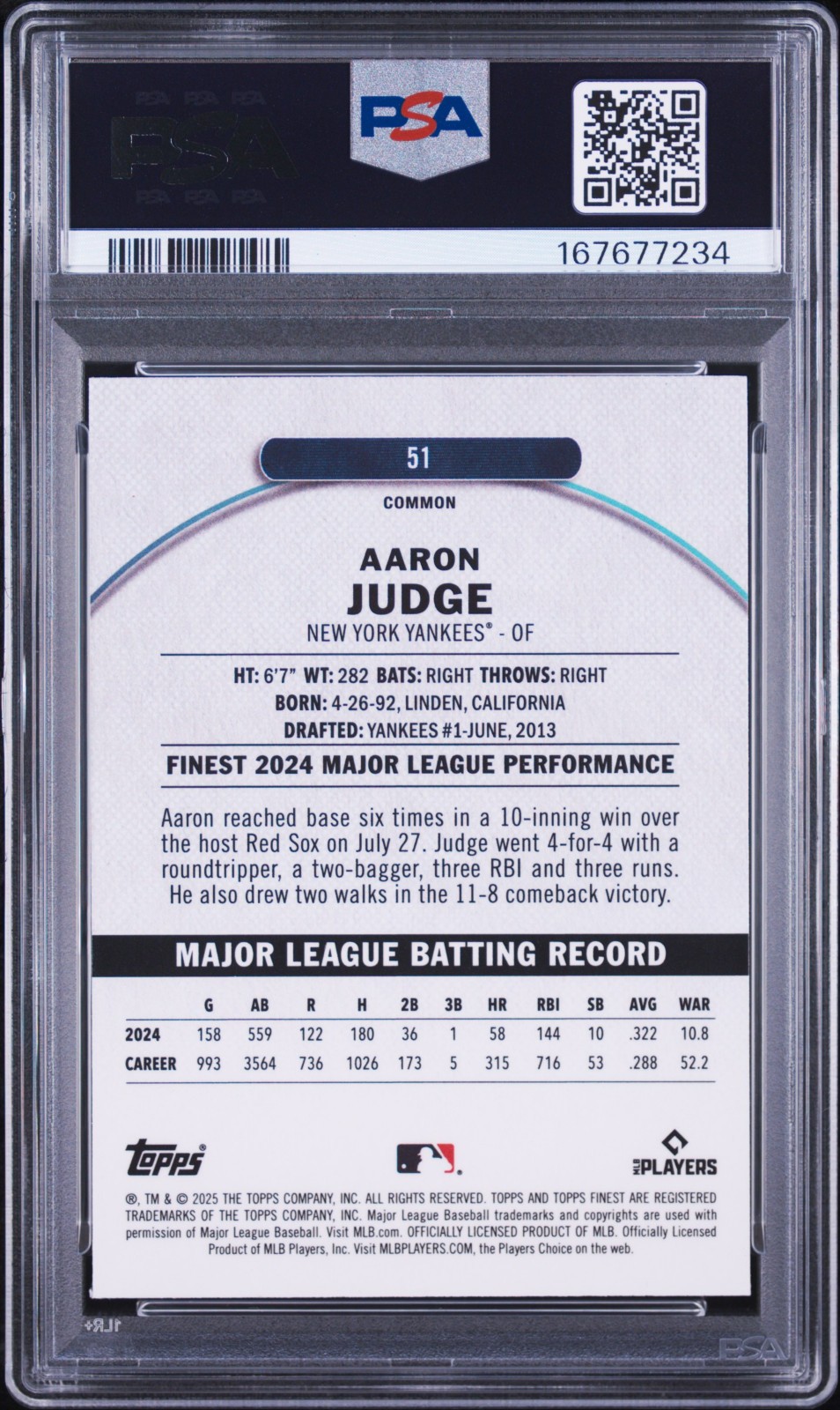 AARON JUDGE SIGNED 2025 TOPPS FINEST CHECKERBOARD REFRACTOR #51 PSA 10 AUTO 10 view 2