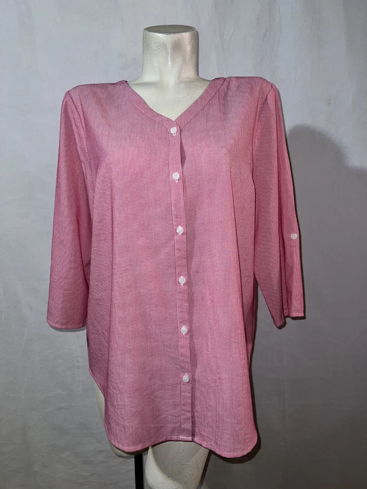 CHICO'S Top Size L (2) Red White Stripe 3/4 Rolled Tab Sleeve Button Shirt Tunic - Image 3 of 4