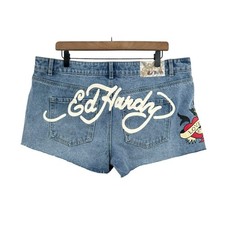 Ed Hardy NWT 32 Love Eternal Logo High Waist Cut Off Cotton Denim Shorts
